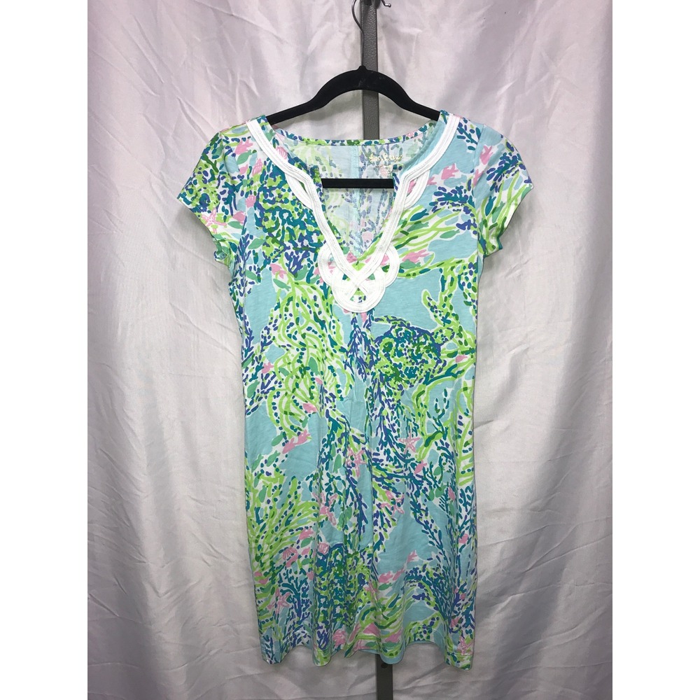 Lilly Pulitzer Women Coral Reef Print V Neck Tunic Dress Blue Green Pink